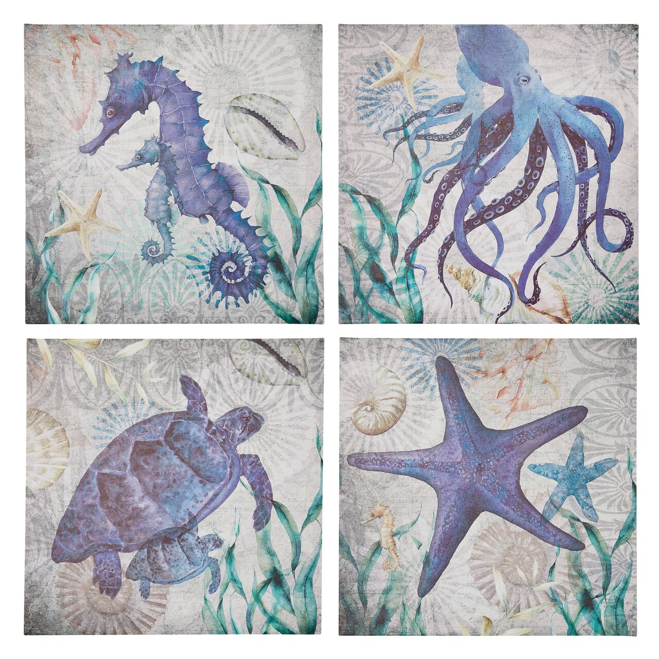 4 Piece Blue Beach Canvas Wall Art Set, Ocean Sea Creature Print Set (4 Designs, 12 x 12 In)